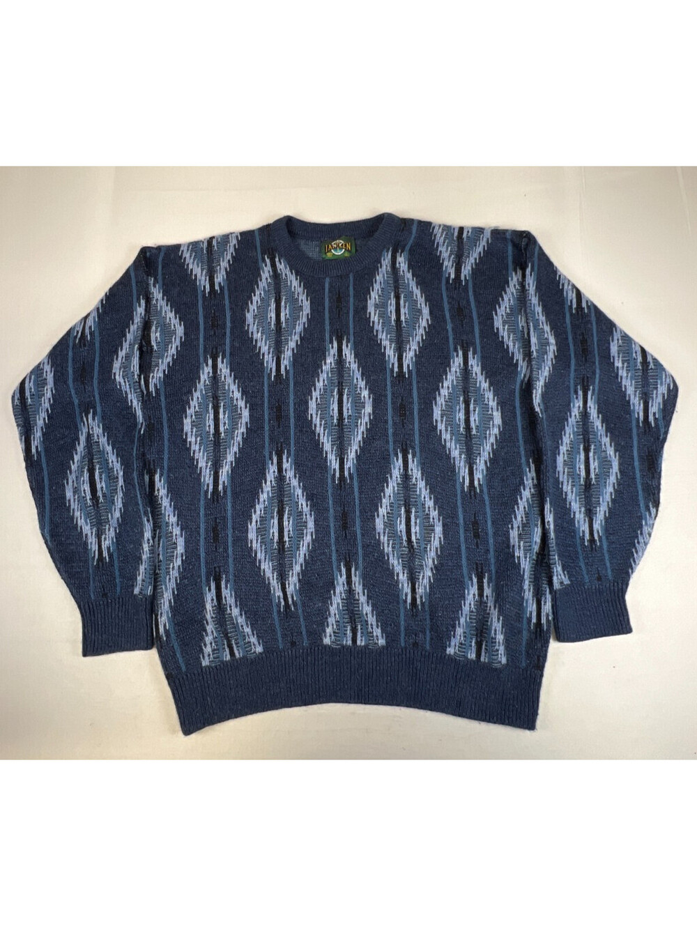 Jantzen Men L Tall Sweater Blue Multi Geometric Aztec Pattern USA Vintage